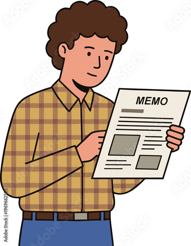 Man reading a memo document in office workplace setting indoors