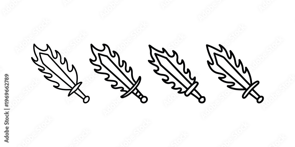 Obraz premium Four stylized flaming sword icons with ornate designs, representing power or fantasy, vector illustration