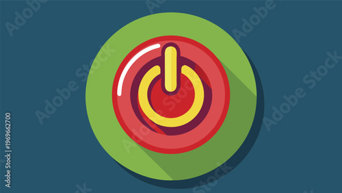Power button symbol in red and yellow colors on a green background showing the concept of turning on devices