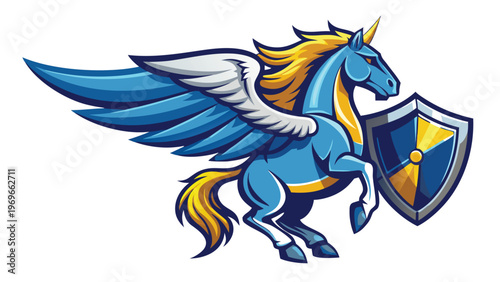 Winged horse holds shield in a colorful design showing strength and bravery at a mythical scene