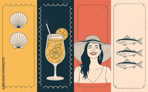 A woman wearing a hat enjoys a refreshing cocktail with seafood and fish nearby on a sunny day.