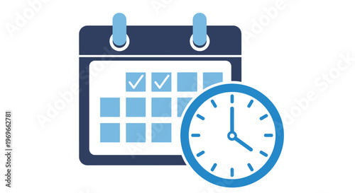 This vector graphic illustration features a calendar with checkmarks and an analog clock, symbolizing efficient schedule planning and successful time management concepts.
