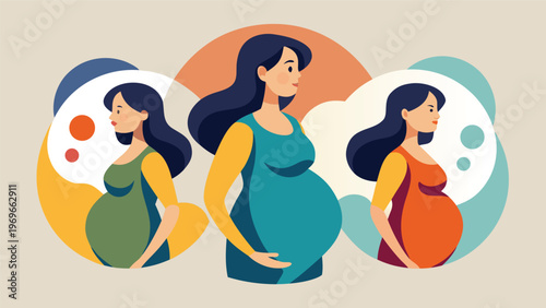 Pregnancy stages shown in three illustrations with different views of a woman expecting a baby