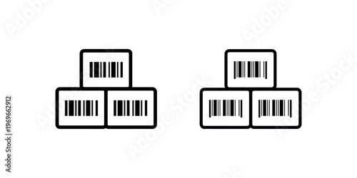 Two minimalist vector icons showcase three stacked boxes each featuring a barcode, one icon is filled with solid black and other is outline version