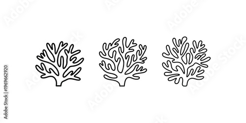Marine coral reef line art illustrations set showing organic ocean plant life underwater biodiversity and tropical sea environment conservation themes