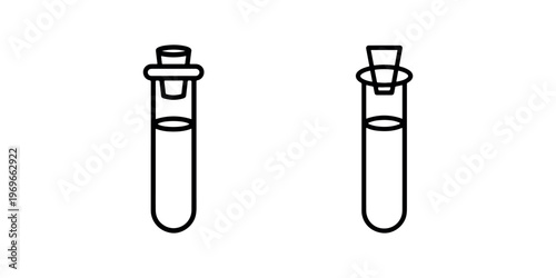 Set of two test tubes with stoppers, one cork stopper, one rubber stopper, science, lab equipment, chemistry, pharmaceutical, medical research, simple line art icons