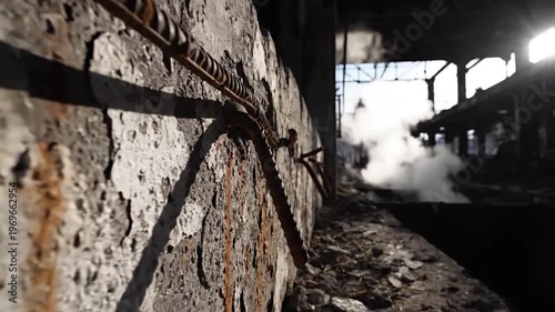 Weathered concrete wall with rusty rebar in industrial setting with steam and bright background