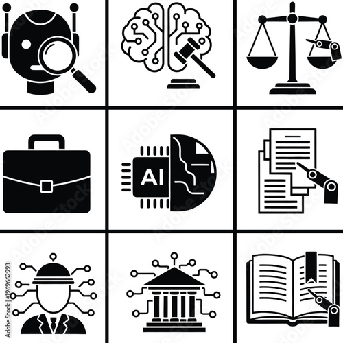 Professional collection of artificial intelligence law and digital justice icons featuring robotic lawyers legal scales and automated court systems.