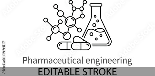 Pharmaceutical Engineering Vector Illustration Featuring Chemical Molecular Structures Laboratory Flask and Medical Capsules for Scientific Research Development