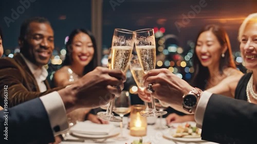 Diverse group of adults celebrate with champagne toast at elegant evening dinner party in city restaurant