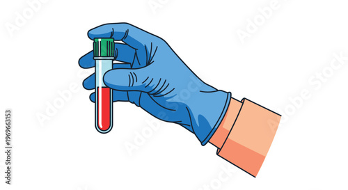 Gloved professional hand securely holds a test tube containing a red liquid blood sample, a clean vector graphic illustration for medical and laboratory analysis.