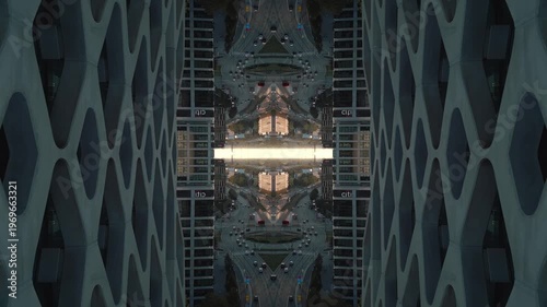 Abstract Technological Background with Mirrored Glass Patterns at Sunset, Futuristic Design Featuring Symmetrical Reflections and a Tunnel-Like Glow