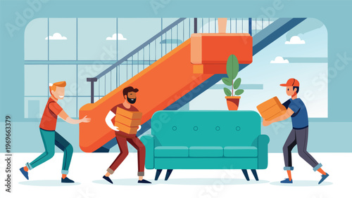 Moving furniture and boxes indoors in a modern living space during daytime with three people working together