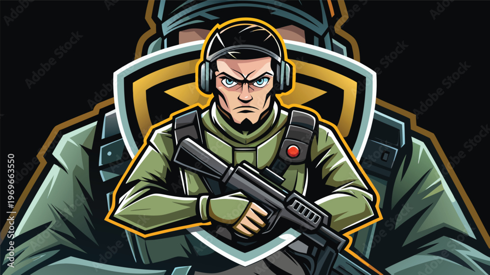 Obraz premium Character holding a gun in a graphic design set against a dark background with a large shield logo