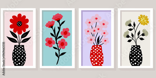 Four framed floral illustrations in varying colors and styles