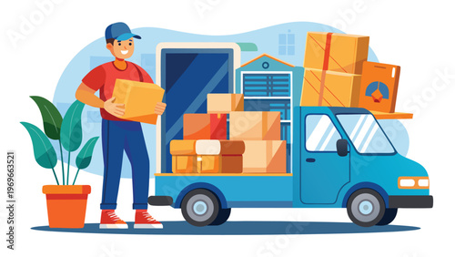 Delivery worker carries boxes while loading truck at a location with plants present in the background during daytime hours