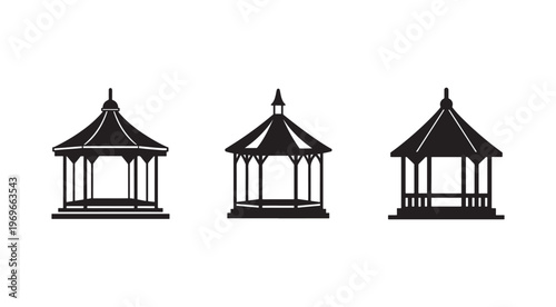 Gazebo silhouettes in three different styles for landscaping and architecture designs  various gazebo shapes and structures