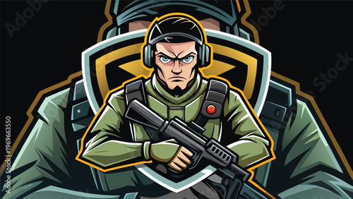Character holding a gun in a graphic design set against a dark background with a large shield logo