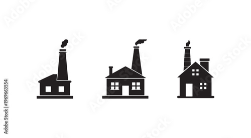 Factory buildings with smoke coming out of chimneys industrial structures and houses with smoking pipes on roofs simple black silhouettes on white background  industrial architecture