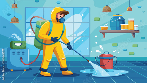 Worker cleans floor with spray equipment in indoor space using protective gear at a facility during daytime hours