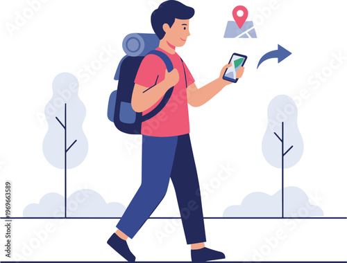 Man walks on sidewalk while using smartphone with backpack on.