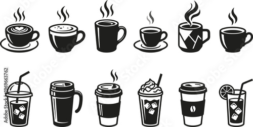 Coffee and Beverage Icon Set Featuring Hot Drinks, Takeaway Cups, Iced Coffee, Latte, Espresso, and Refreshing Cold Drinks Silhouette Symbols