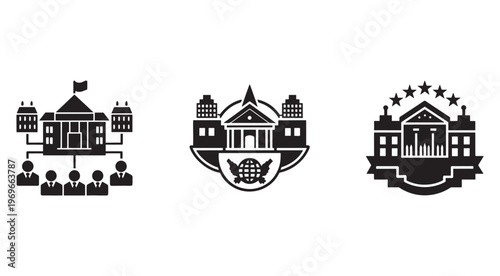 Government buildings and institutions with people and symbols  official emblems and silhouettes of city hall and municipal services