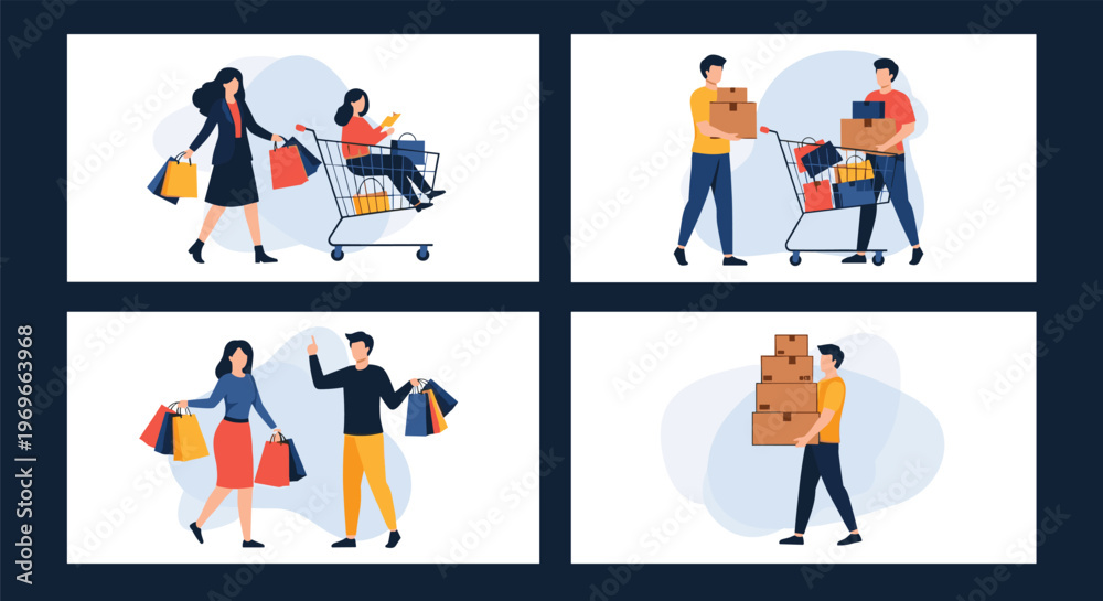Fototapeta premium Diverse people shopping for groceries and clothes with bags and overflowing shopping carts shown in four different layout scenes.