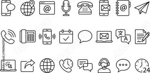 Communication and Contact Line Icon Set Featuring Email, Phone Calls, Messaging, Translation, Calendar, Customer Support, and Global Digital Connectivity Symbols