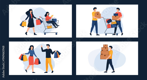 Diverse people shopping for groceries and clothes with bags and overflowing shopping carts shown in four different layout scenes.