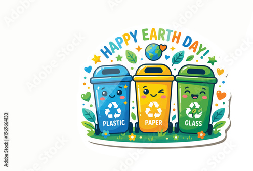 Happy Earth Day Illustration Featuring Three Colorful Recycling Bins for Plastic, Paper, and Glass, Promoting Environmental Awareness