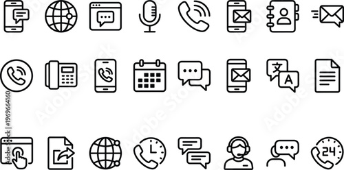 Communication and Contact Line Icon Set Featuring Phone Calls, Messaging, Email, Translation, Calendar, Customer Support, and Global Connectivity Symbols