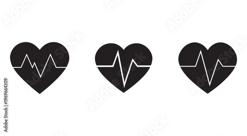 Heart rate monitor icons with ecg line in black color on white background for health and medical concepts