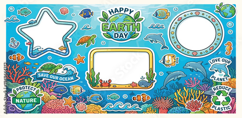 Happy Earth Day celebration with cute underwater creatures, ocean life and recycling symbols for a healthy planet