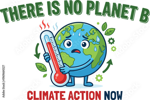 Distressed cartoon Earth holding an overheating thermometer, portraying the urgent global warming crisis and the critical need for immediate environmental action
