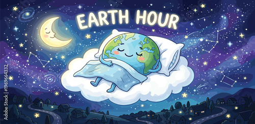 Earth Hour illustration showing a sleeping planet Earth on a cloud under a starry night sky with the moon and a road below
