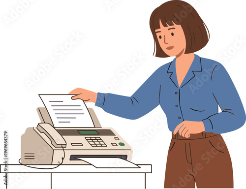 A woman is inserting a document into a fax machine on a table indoors.