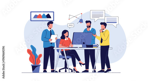 Supportive male and female managers reviewing a project on a laptop with their male colleague in a modern office environment.