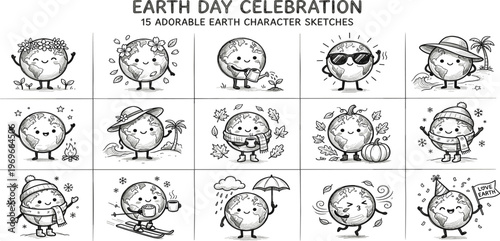 A delightful collection of adorable cartoon Earth characters engaged in various festive and seasonal activities, perfect for celebrating environmental awareness and global harmony