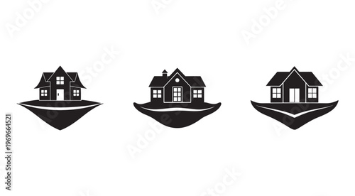 Houses on floating islands in the air  floating homes  house on water  surreal landscape  dreamlike scenery