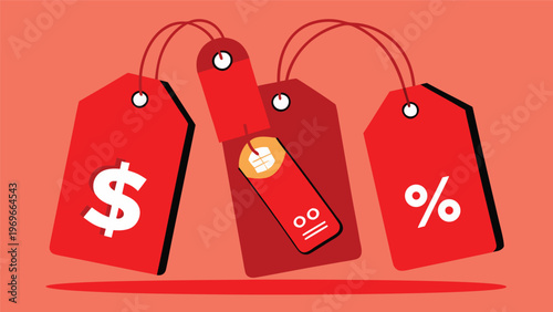Sales tags in red colors showing prices and discounts arranged on a solid background during a shopping event in a retail space