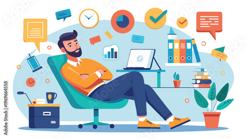 Man sits in office chair with laptop and office objects around in a workspace