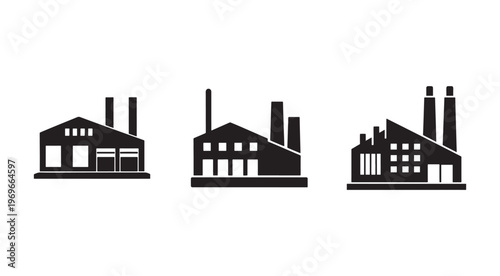 Industrial factory building icons silhouettes with chimneys and windows