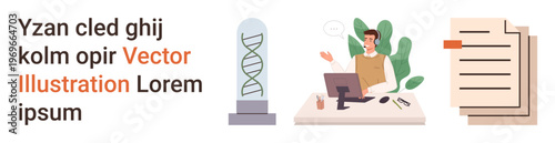 Genetic research, science innovation, lab analysis, document processing, office setup, biotechnology. A DNA strand, a scientist at the desk and documents. Genetic research and science innovation