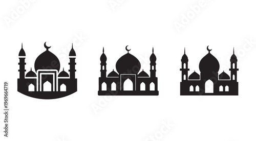 Islamic mosque architecture silhouettes  various traditional building designs  crescent moon on domes  minarets and arches  religious cultural symbols