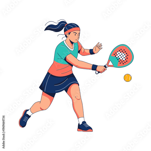 Woman playing padel tennis, hitting ball with racket, active lifestyle, sports illustration