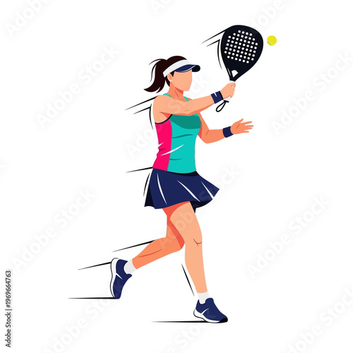 Woman playing padel tennis, hitting ball with racket, dynamic action shot, sport lifestyle