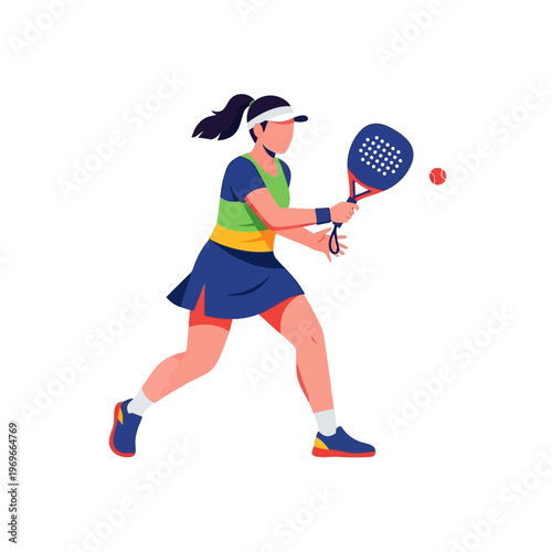 Woman playing padel tennis, hitting ball with racket, dynamic action shot, sport lifestyle