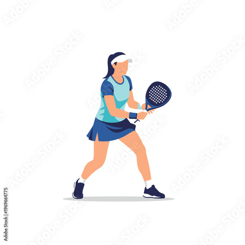 Woman playing padel tennis, holding racket, ready to hit ball, athletic sportswear, outdoor sport