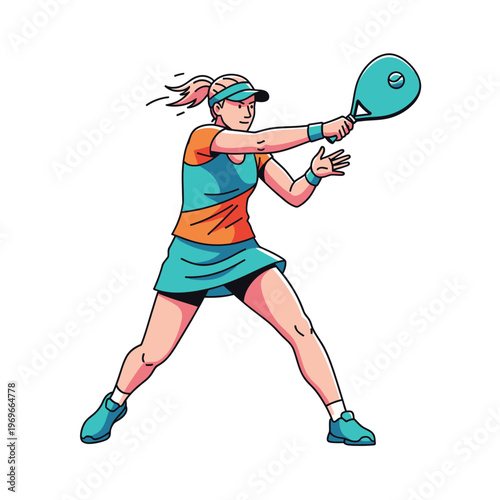 Woman playing tennis, hitting a forehand shot with a racket and ball, dynamic action pose